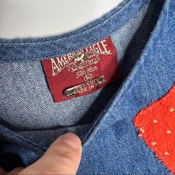 American Eagle Outfitters Vintage Quilt Denim Jean Jumper Dress Overalls Dress - Picture 5 of 5